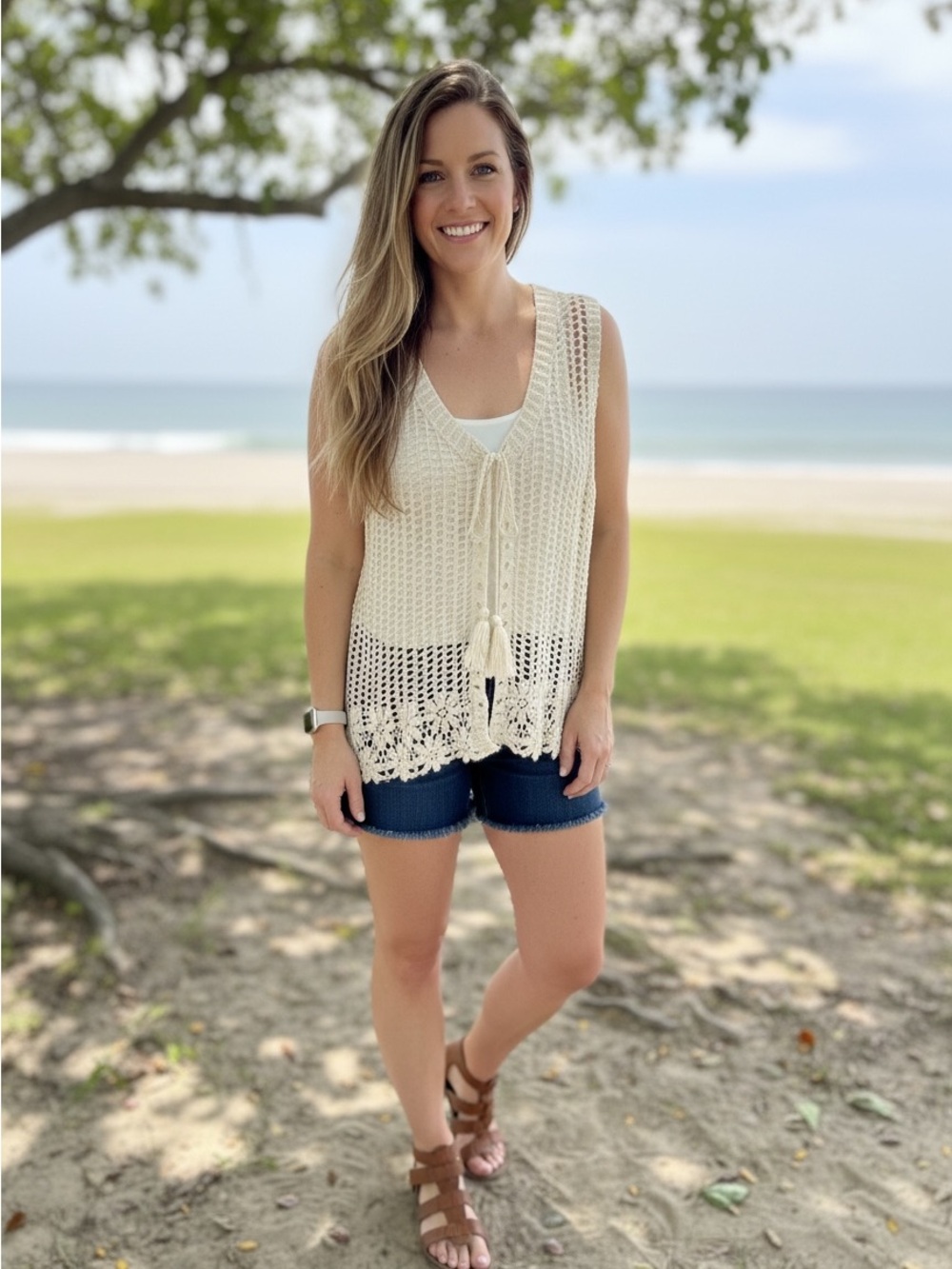 POL Open-Knit Crochet Tank Top in Cream NEW